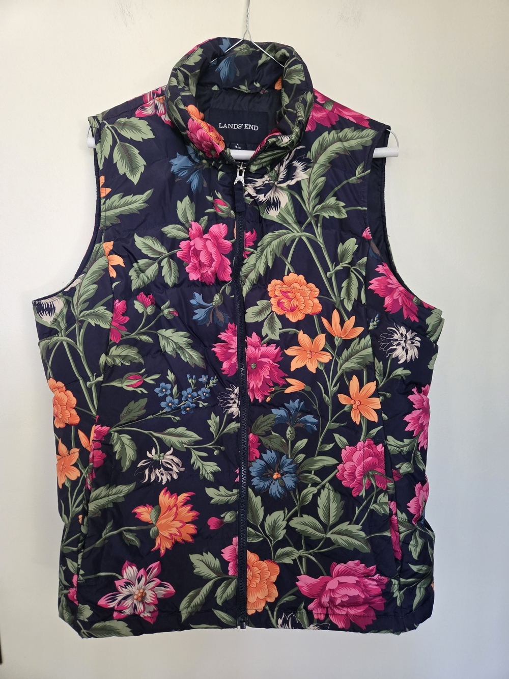 Lands' End Down Navy Floral Quilted Vest - Bright Pink & Orange Flowers